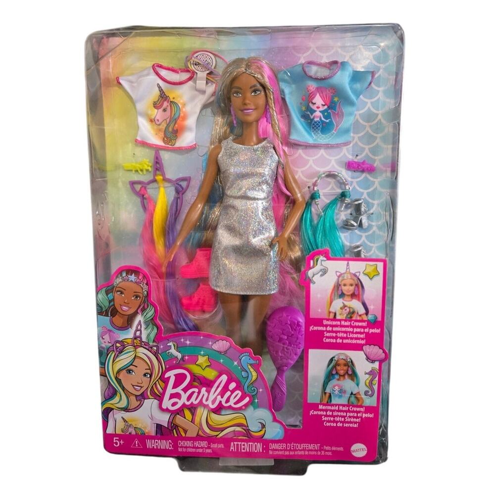 Barbie Fantasy Hair Doll & Accessories – Long Colorful Brunette Hair – New
